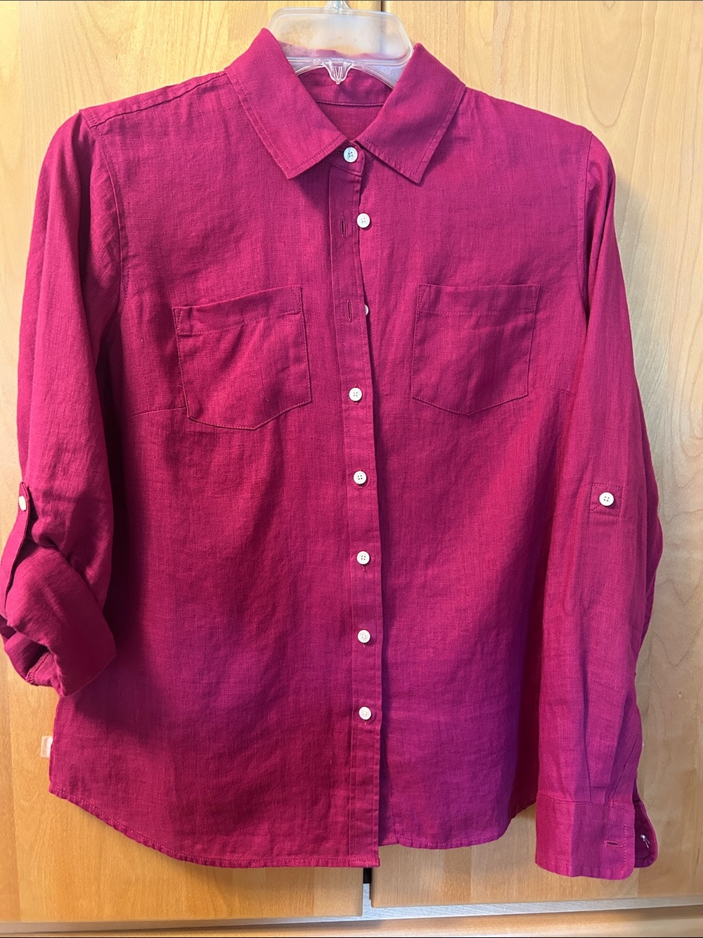 Talbots 100% Linen Button-Front Long Sleeve Shirt in Deep Raspberry